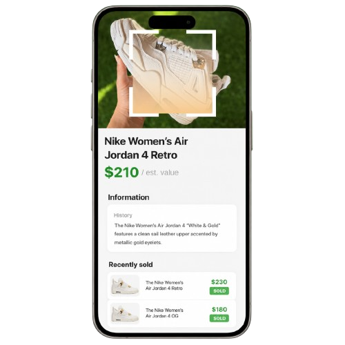 Scanoo scanning a sneaker and showing a $210 estimated resale value with recently sold listings